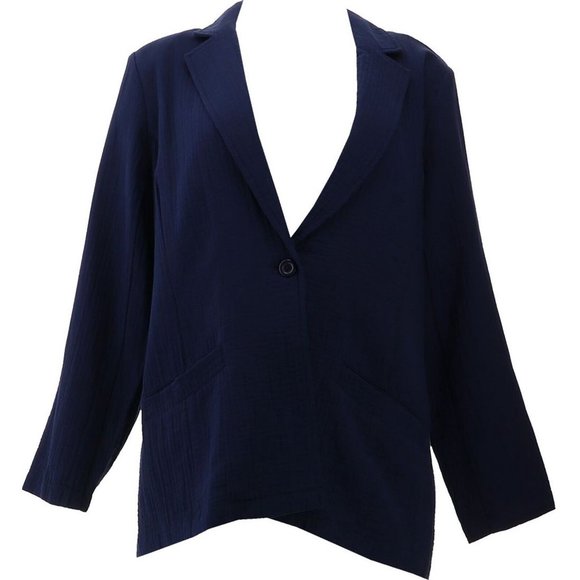 NWT JOAN RIVERS CRINKLE TEXTURE BUTTON FRONT BLAZER NAVY MEDIUM - Picture 1 of 10